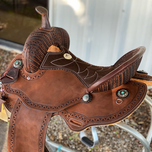 Custom Aztec Tooled Barrel Saddle