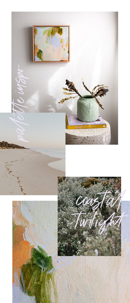Multimedia collage featuring dreamy beach imagery and abstract artwork by Kellie Leader