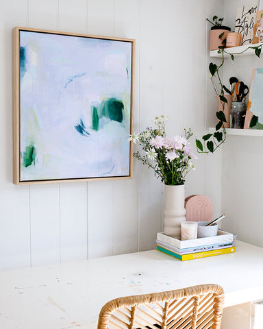 Luna Haze, Joyful lilac abstract artwork hangs in modern office, painted by Brisbane Artist Kellie Leader