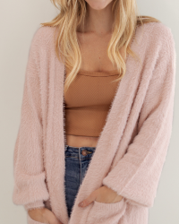 Fuzzy snuggly open-front cardigan with pockets - the puff sleeved, soft and warm fabric will keep you comfy all day long!