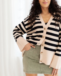 This ribbed hem cardigan is constructed from a lightweight blend of 49% Viscose, 28% Polyester, and 23% Nylon. Its oversized design is highlighted with crisp stripes and a button-front closure, and it is unlined for a more effortless fit.
