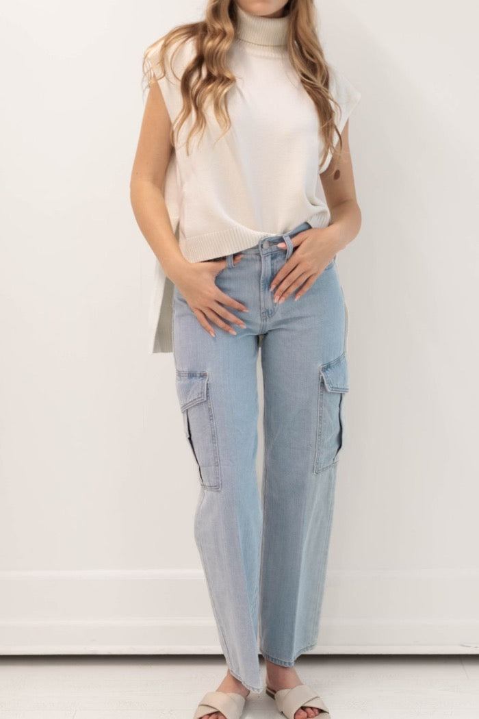 High Waisted Wide Leg Cuffed Jeans