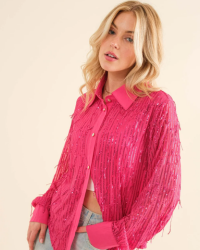 This Sequin Fringe Buttonfront Shirt Hot Pink from Blue B is perfect for making a statement. It features a sequin stripe fringe button up shirt blouse, made with 95% nylon and 5% spandex for a comfortable and stylish fit. Look and feel your best in this fashionable top.