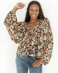 Look beautiful in this cozy Balloon Sleeve Floral Blouse. Perfect for the fall, it features a stylish floral pattern and a contemporary tie back design with v-neck in front and back. Shirring around the neckline makes it especially comfortable to wear and the oversize fit gives you a fashionable silhouette.