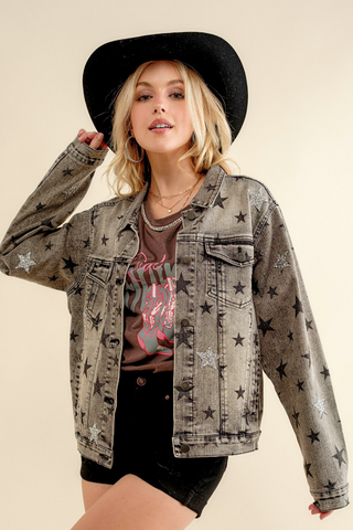 Be a star of the street style scene in our star-studded denim jacket! Crafted from soft denim fabric, this jacket features an all-over star print and two hand pockets. Throw it on over any outfit for a look with stellar style!