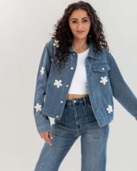 Take your look to the next level with this Pearl Embroidered Patch Denim Jacket! Featuring playful daisy patches on the front and back made from faux pearls, this classic fit denim jacket is sure to make a statement wherever you go. Plus, its structured bottom makes it extra comfy and chic. Get ready to sparkle and shine!