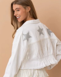 Introducing the star of the show: our Star Rhinestone Fringe Jacket! This shimmery stunner's got it all - rhinestones for sparkle, fringe for flair, and stars for...extra star-power! Never the wallflower, always the center of attention - you'll be shining bright in no time!