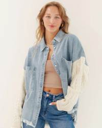 This Denim Jacket is perfect for any occasion, featuring a relaxed fit, buttonfront closure, and contrast cable knit sweater sleeves. The distressed hemline adds texture and dimension to your look. The perfect balance of casual and cozy, this jacket is an essential addition to your wardrobe.  Denim body 100% Cotton