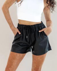 Our Drawstring Faux Leather Shorts provide a practical yet chic look. Featuring an elastic waist paired with faux leather and drawstring detailing, these shorts are perfect for transitioning to cooler weather. They also boast two front pockets for convenience. Style with a sweater, blouse and your favorite heels or booties for the ultimate fashionable look.