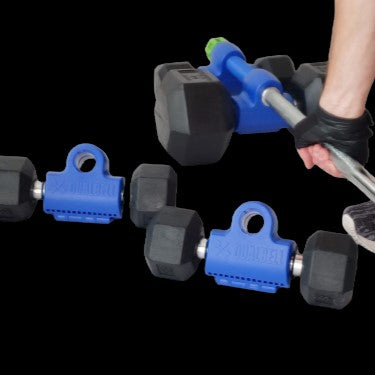 Dualbell dumbbell adapters loaded onto a bar and ready for use