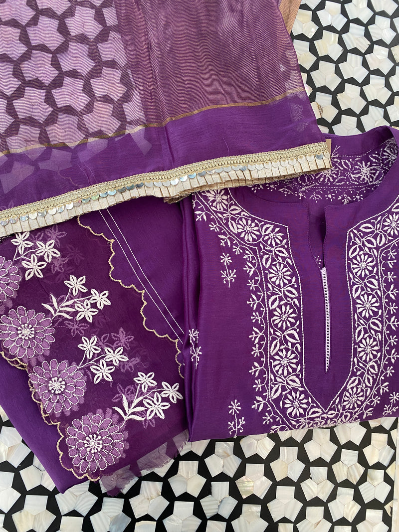 Purple chikankari chanderi suit set with dupatta and palazzo pants.