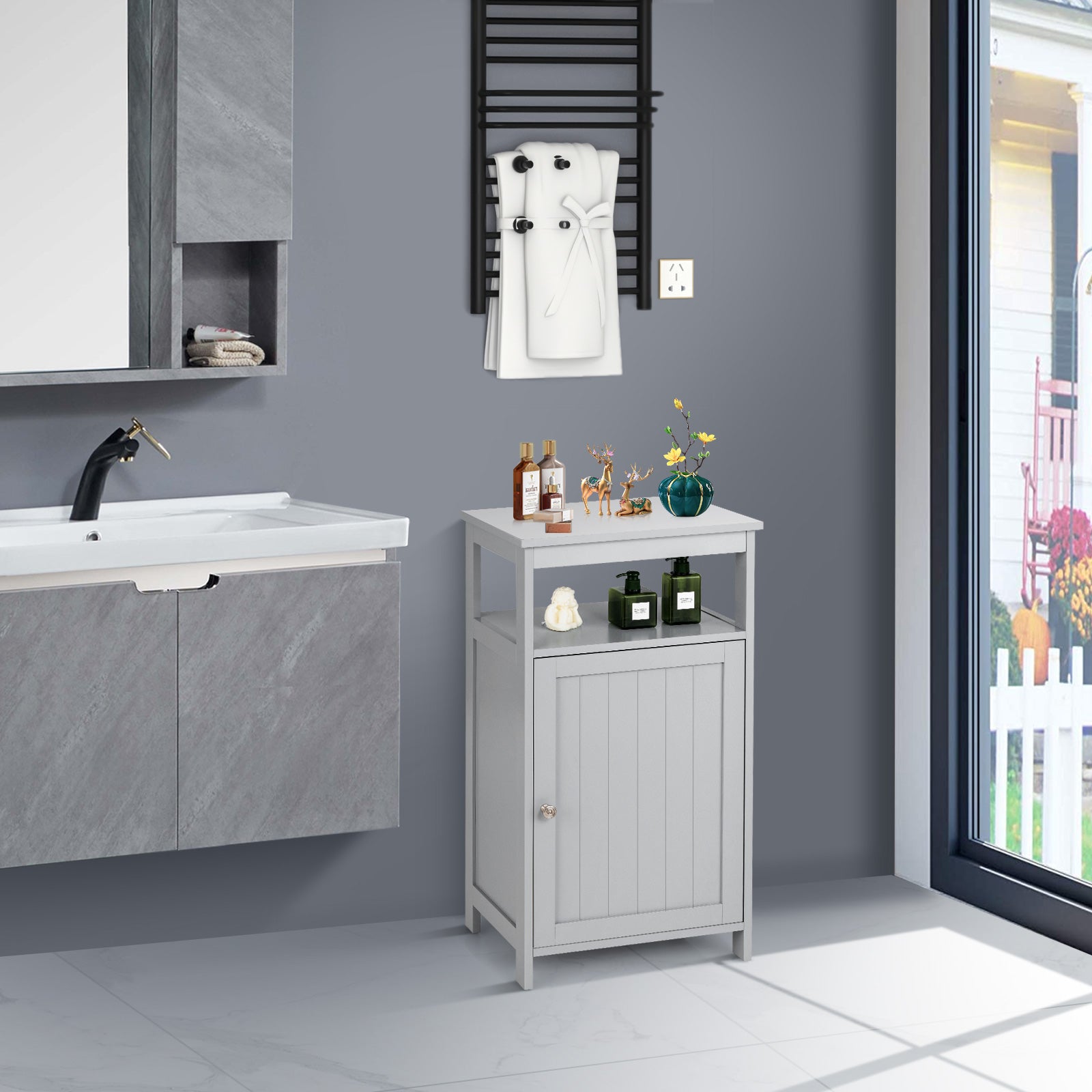 grey freestanding bathroom storage