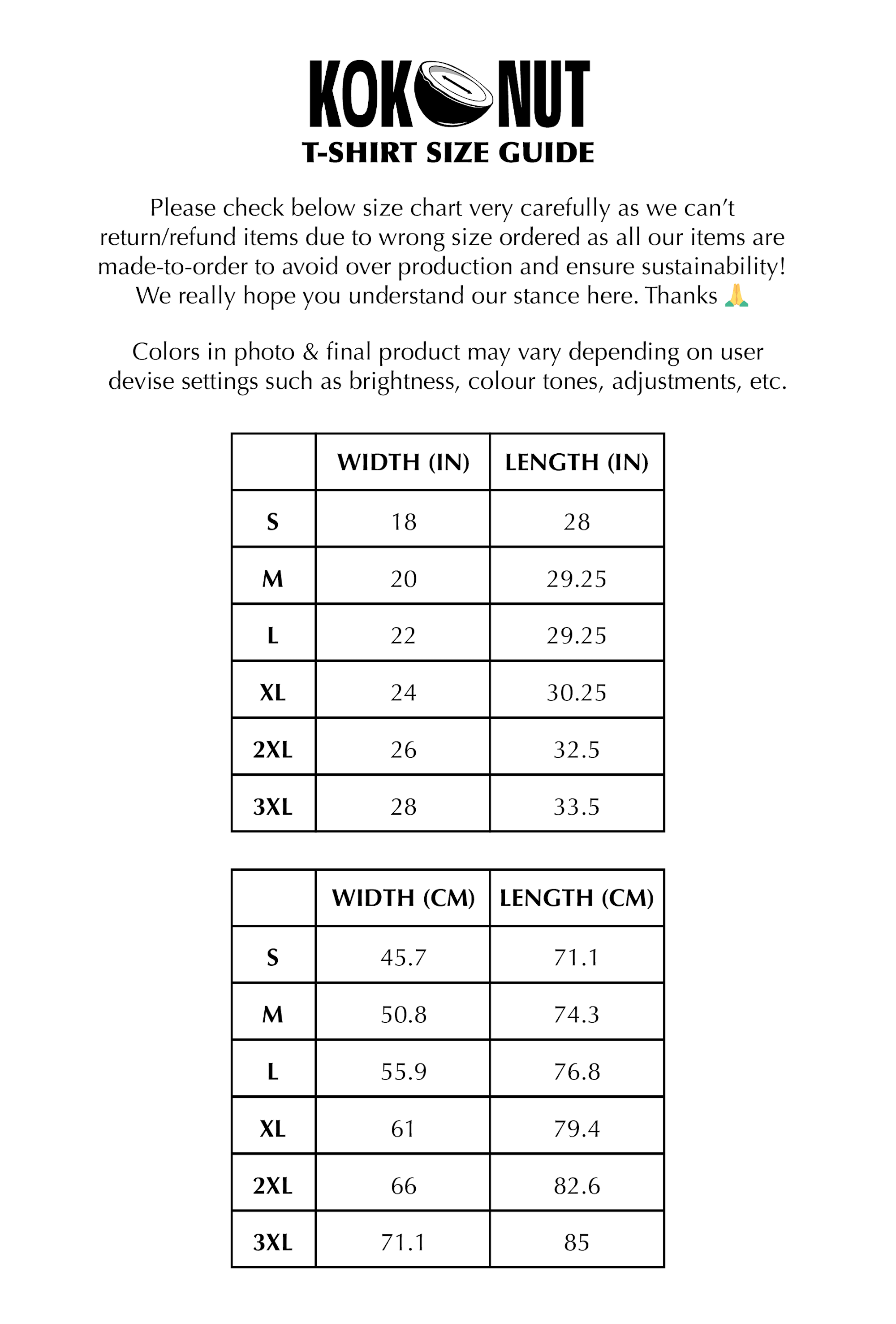 T-Shirt Size Chart – Shop Kokonut 🥥