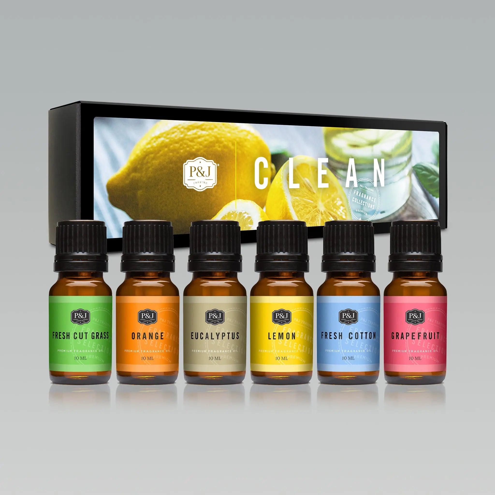 Clean Set of 6 Premium Grade Fragrance Oils - Fresh Cotton, Lemon, Orange, Grapefruit, Fresh Cut Grass, Eucalyptus - 10ml