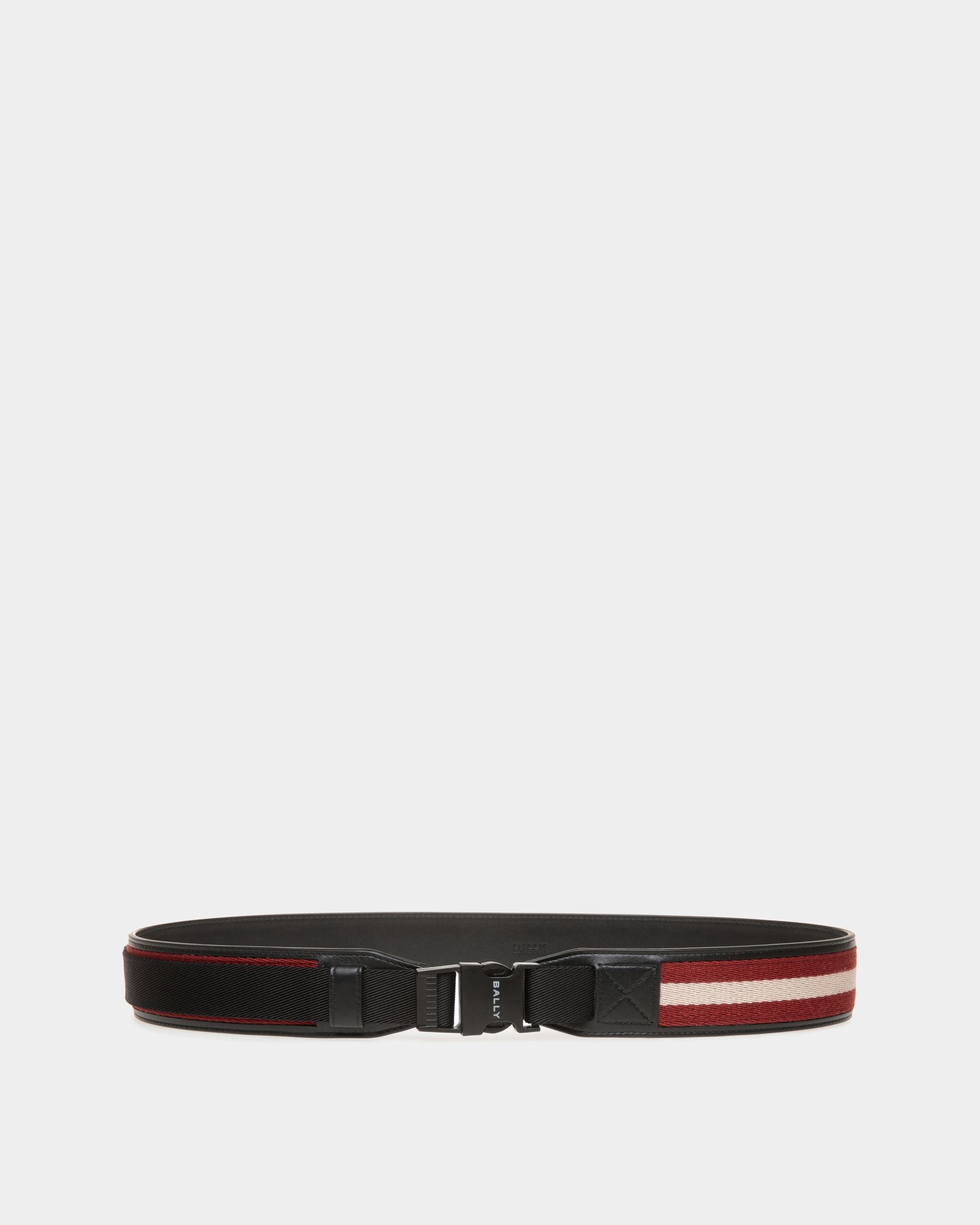 Tobyn 40 mm | Ceinture pour homme en cuir et tissu rouge, blanc et noir | Bally | Still Life Devant