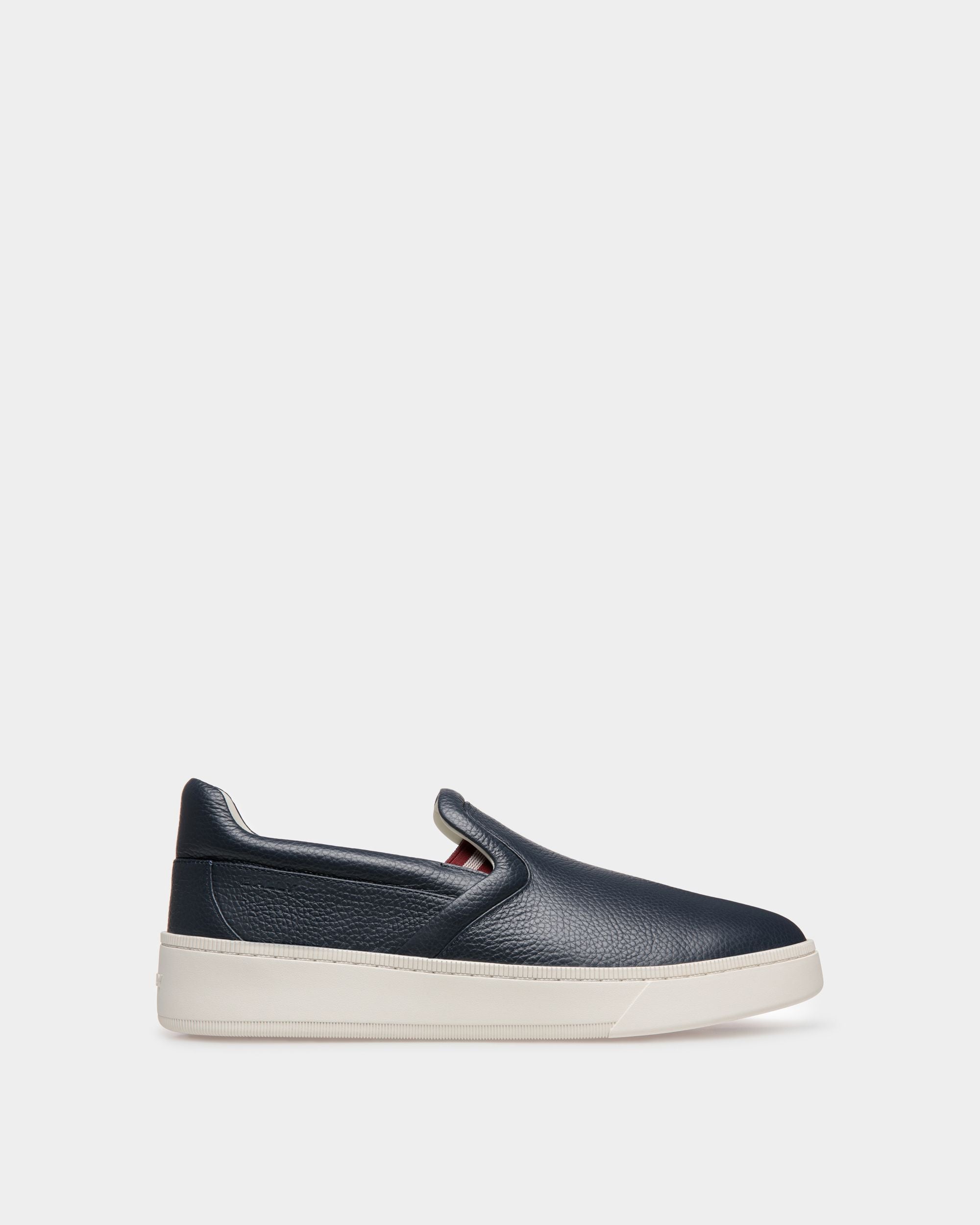 Raise | Men's Slip-On Sneaker in Blue Grained Leather | Bally | Still Life Side