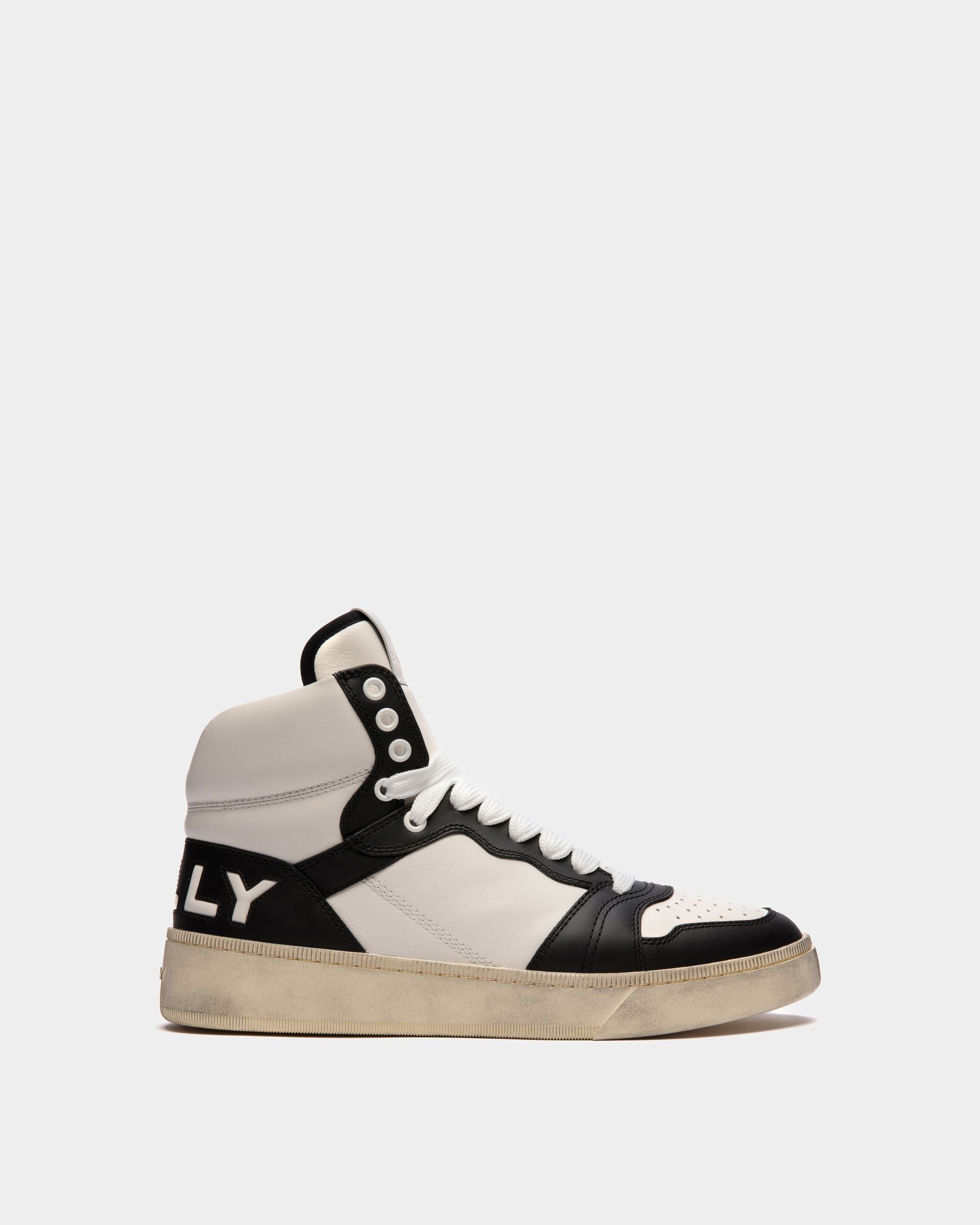 Raise | Men's High-Top Sneaker in Black And White Leather | Bally | Still Life Side