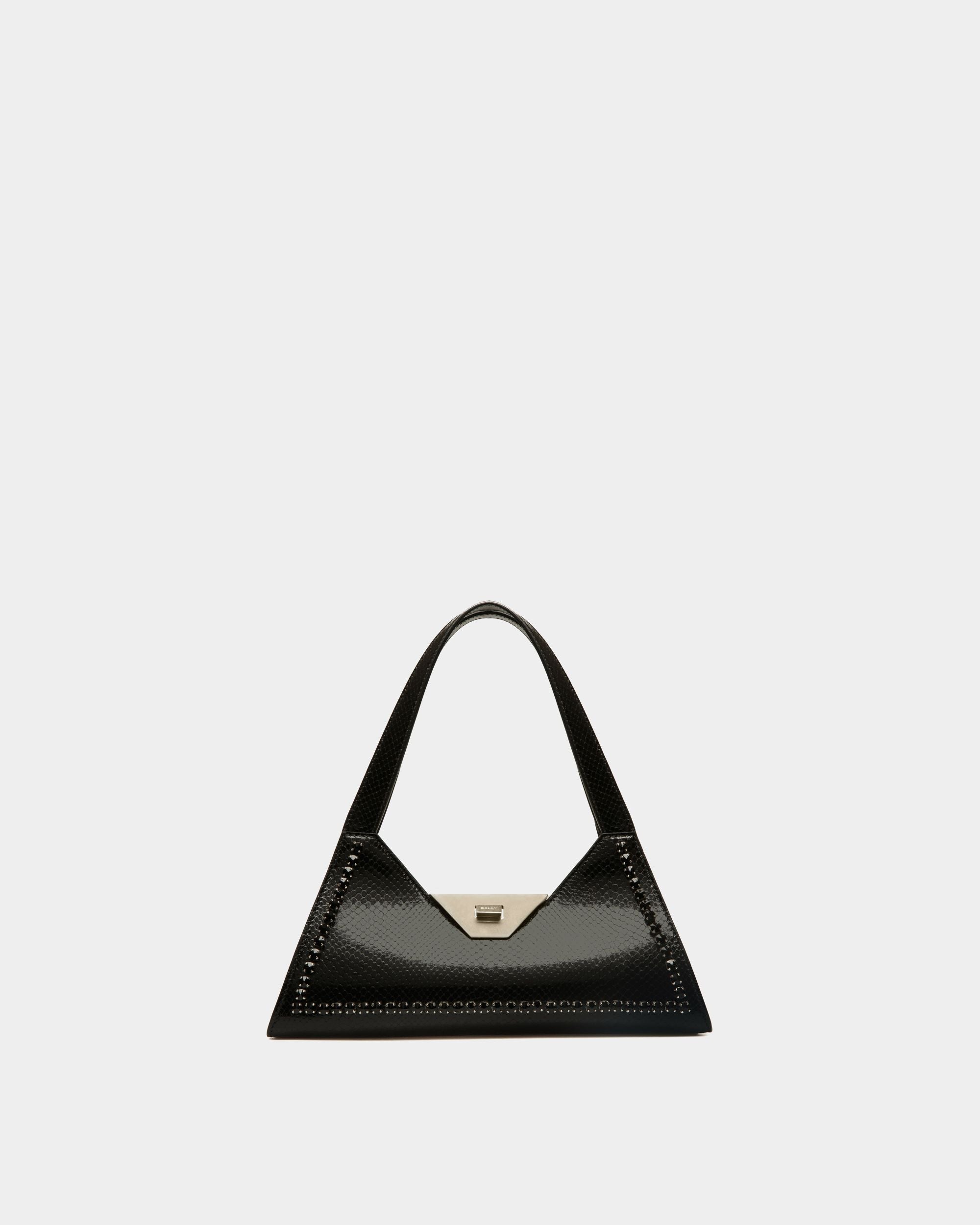 Tilt | Petit sac d’épaule pour femme en cuir noir à imprimé python | Bally | Still Life Devant
