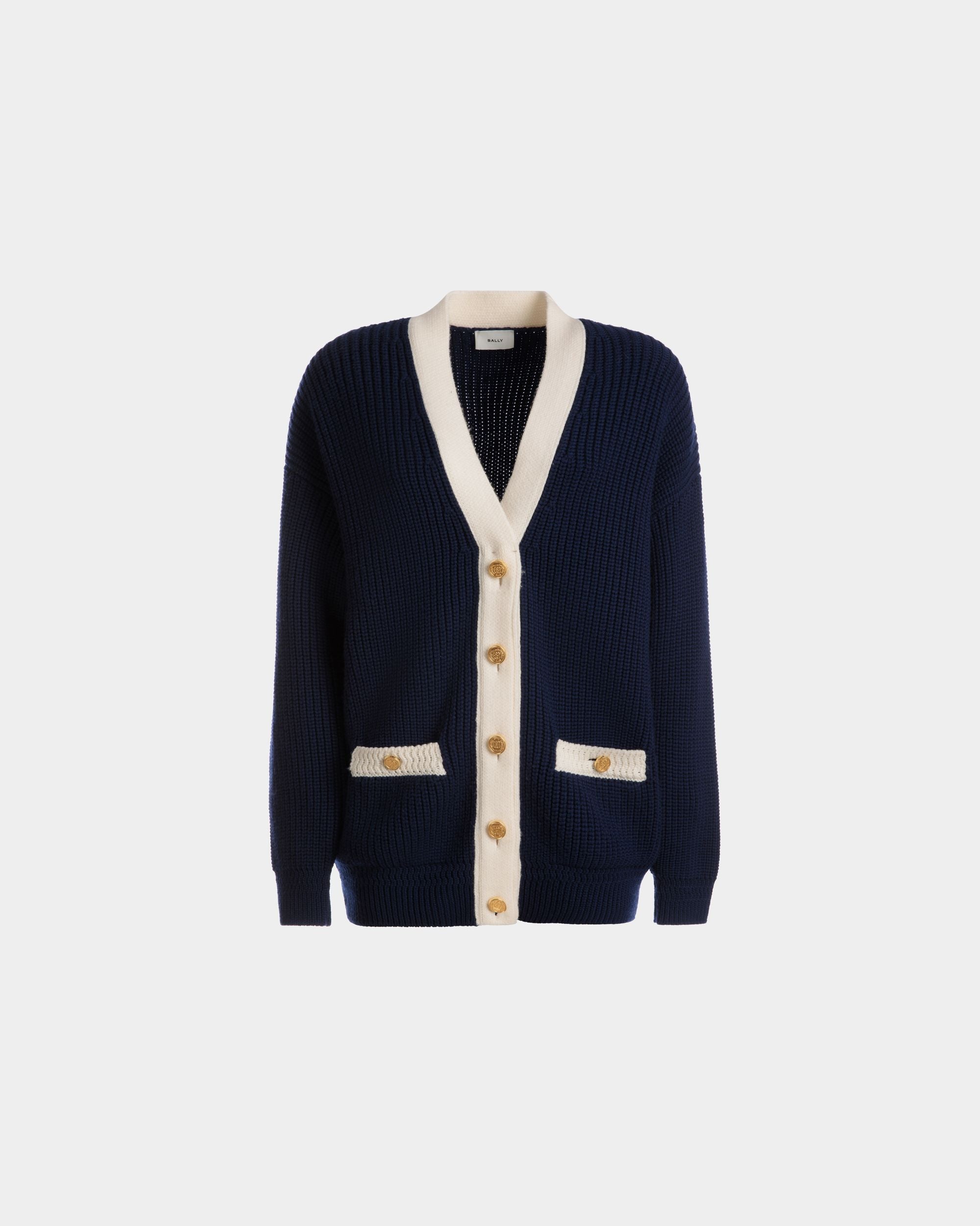 Cardigan avec col en V | Cardigan pour femme | Laine bleu marine | Bally | Still Life Devant