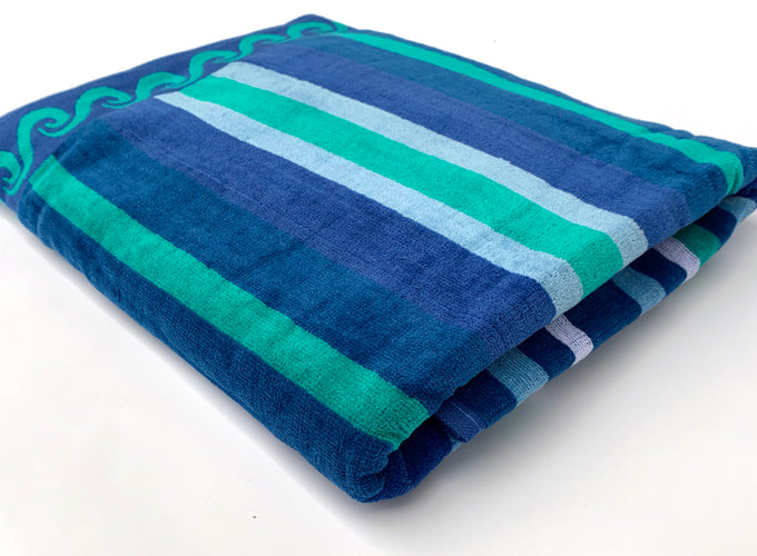 100% Cotton Blue & Green Striped Beach Towel Image 2