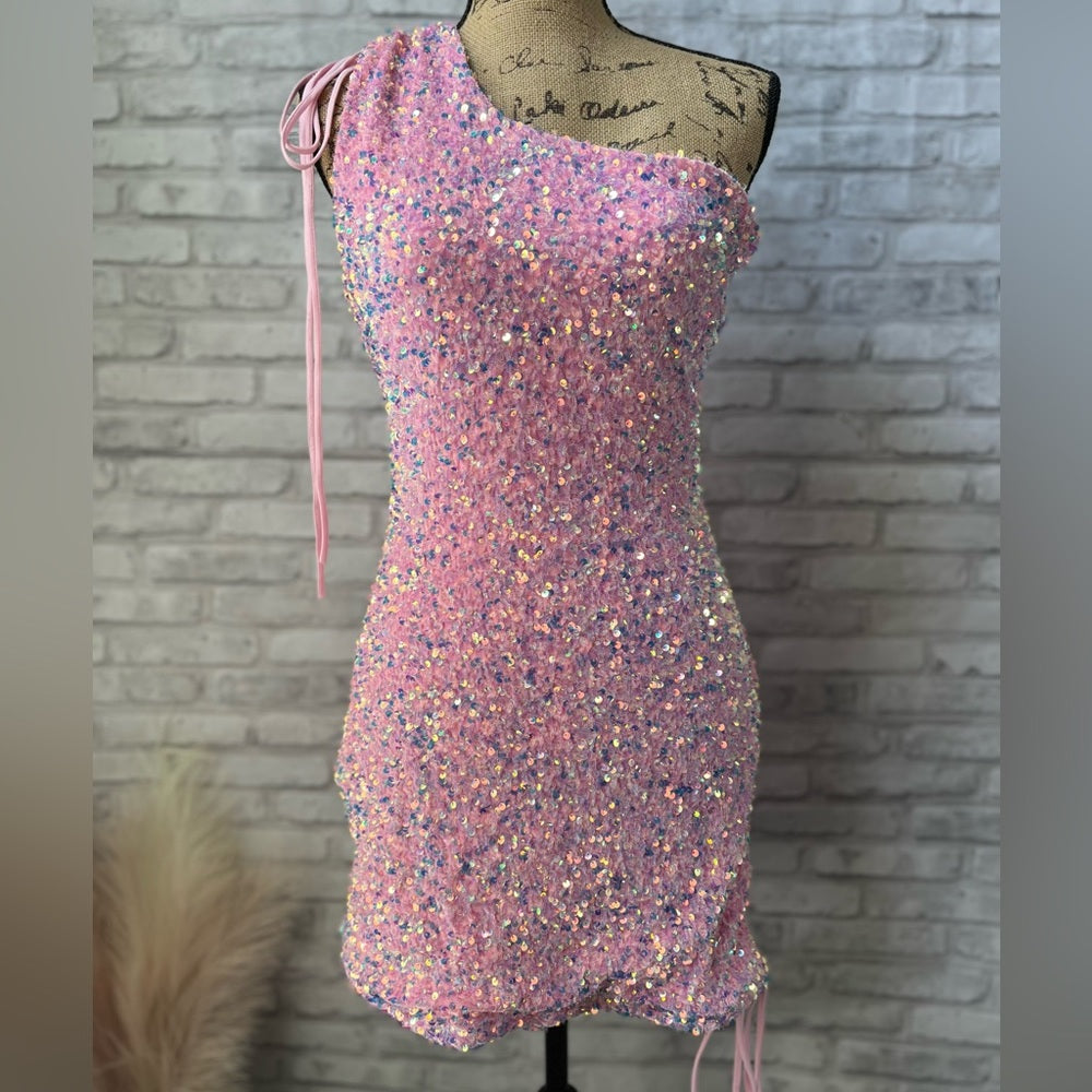 Ruched One Shoulder and Hem Pink Sequin Mini Dress – Ohmollydress