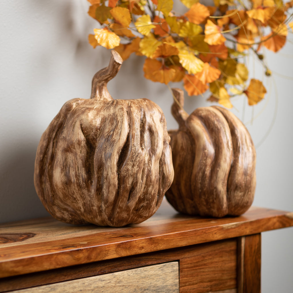 Rustic Faux Carved Wood Pumpkin Set