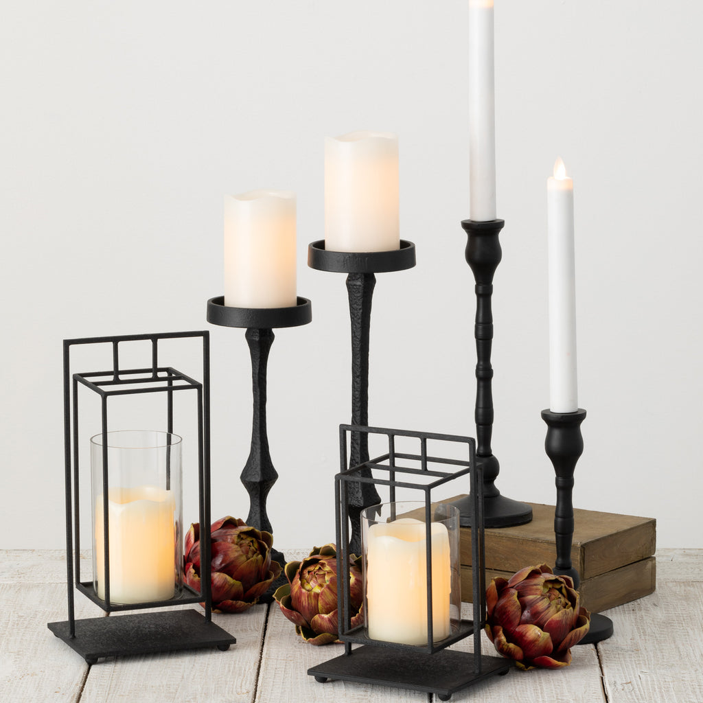 Ornate Black Pillar Candle Holder Set