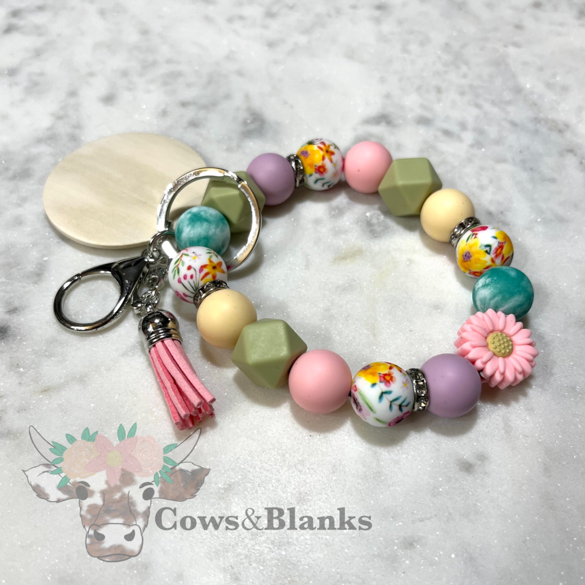 Pink Daisy Pastel Beaded Stretch Wristlet Bracelet Keychain with Wooden Disc and Tassel