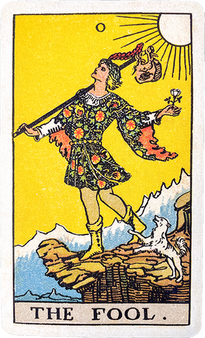 The Fool card from the traditional Rider Waite Tarot.