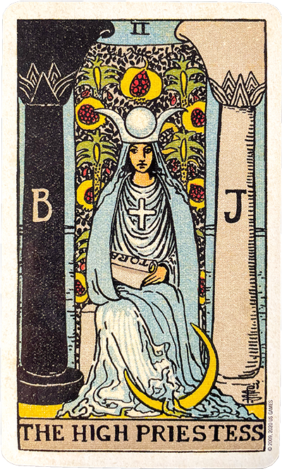 The traditional Rider-Waite High Priestess tarot card.