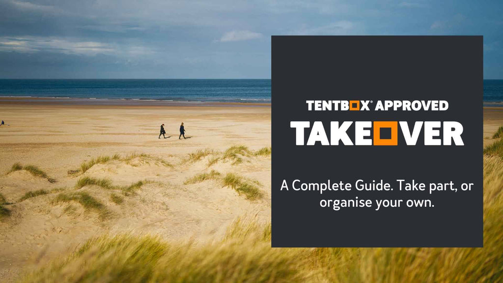 TentBox takeover banner with two people walking along beach at camping event