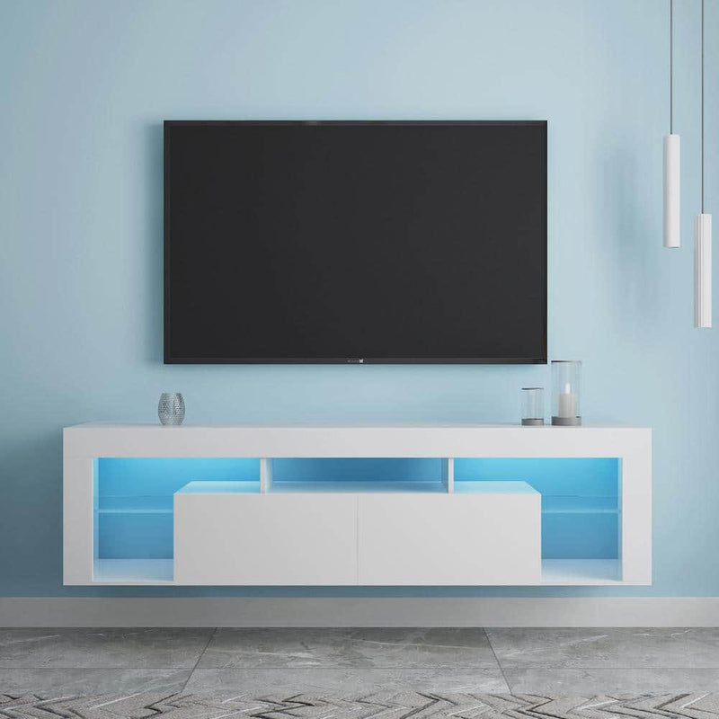 63 in. White Wall-mounted Floating MDF TV Cabinet with 16 Colors of LED Lights and 2 Drawers