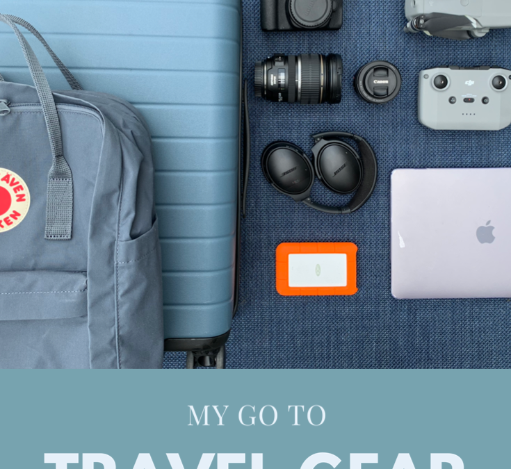 Travel Gear spread, canon dslr, tripod, drone, macbook. Travel blogging tools