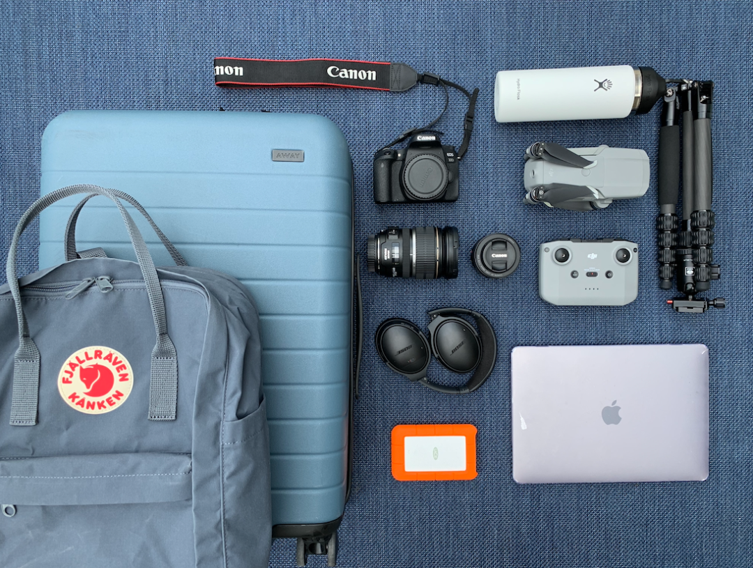 Travel Gear, tripod, camera, dslr, macbook, drone, lens, back pack. Travel blogger.