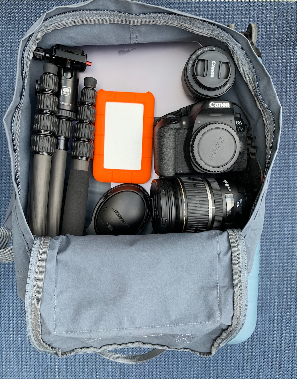 Backpack, packing, camera gear, tripod, hard drive, lens, dslr, canon. 