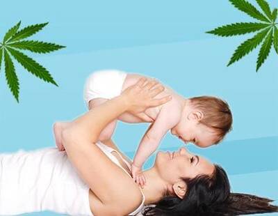 Mother holding baby while laying on her back looking into its eyes and smiling with cannabis leaves on the top corners of the image.