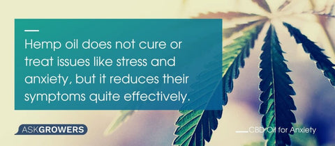 Image of cannabis leaf with the words: "Hemp oil does not cure or treat issues like stress or anxiety but it reduces their symptoms quite effectively."