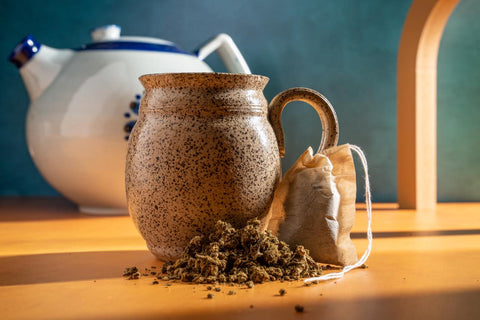 Glass Tea pot with mug next to tea bag with loose dried chamomile flower spread in front