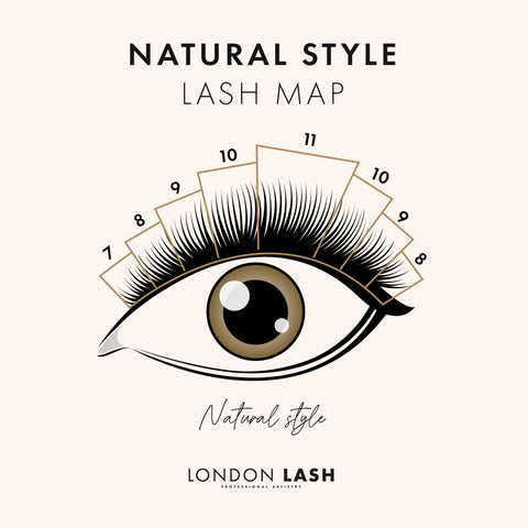 A digital drawing showing a natural lash map on an open eye | London Lash Australia