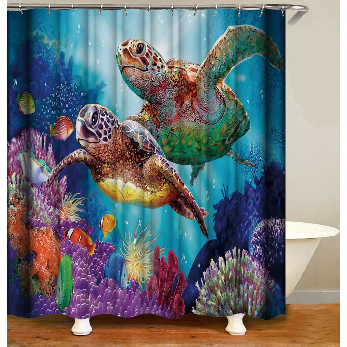 Colorful Watercolor Sea Turtles Shower Curtain Aqua, Ocean Life, Reef 