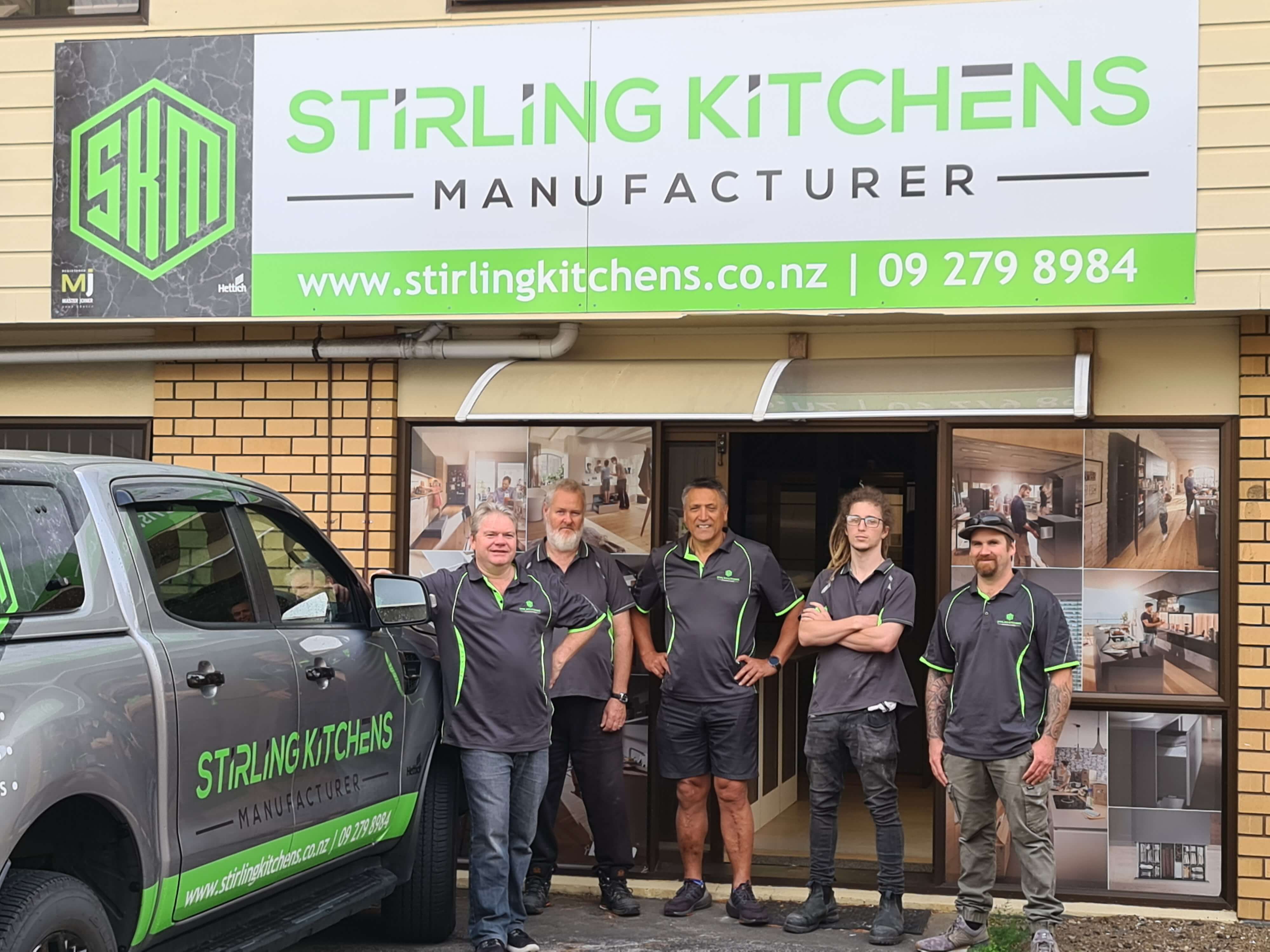 The team at Stirling Kitchens, outside their showroom in East Tamaki, Auckland