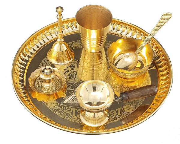 Bengalen Brass Pooja thali Set 8 Inch with Pital Plate Glash Spoon Cha