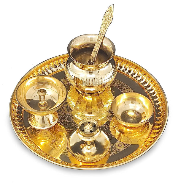 BENGALEN Brass Pooja Thali Set 8 Inch with Pital Plate Kalash Spoon Ku