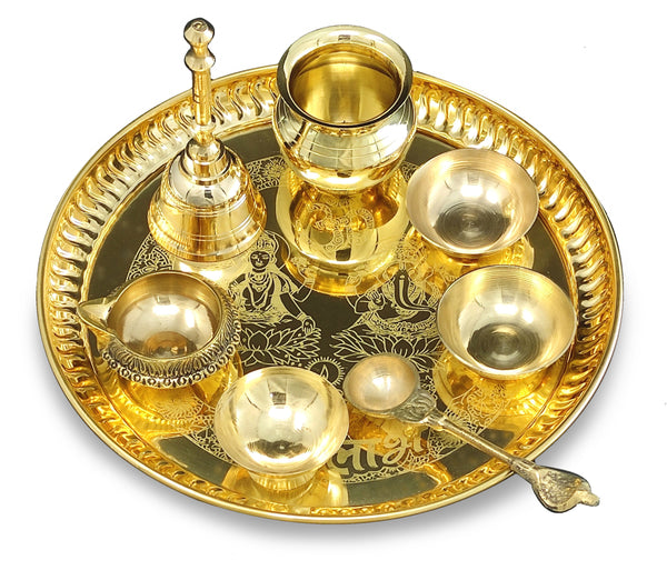  NOBILITY Brass Pooja Thali Set 12 Inch with Pital Puja Plate  Kalash Bowl Spoon Haldi Kumkum Stand Ghanti Piyali Diya Arti Thali for  Diwali Home Office Mandir Wedding Return Gift Items 