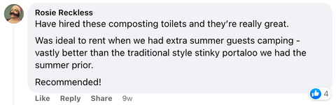 Customer review reading: "Have hired these composting toilets and they're really great! Recommended"