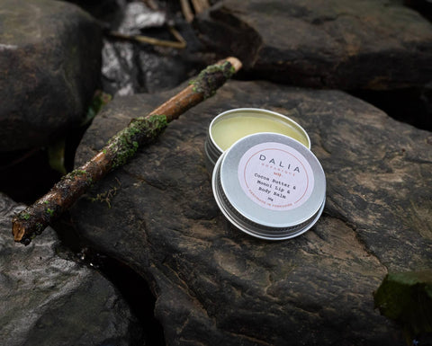 Image of a lip balm in an alumininium tin on a dark piece of wood