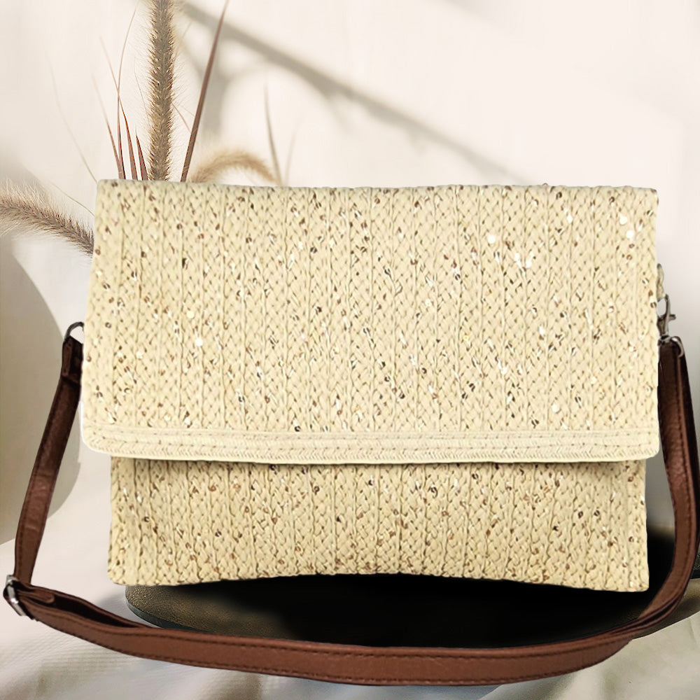 Double Row Pom Pom Straw Clutch Bag 