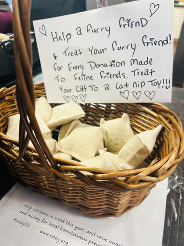 A basket is filled with catnap play pillows. A hand written sign says "Help a furry friend. Treat your furry friend. For every donation made to Feline Friends, Treat your cat to a catnip toy!