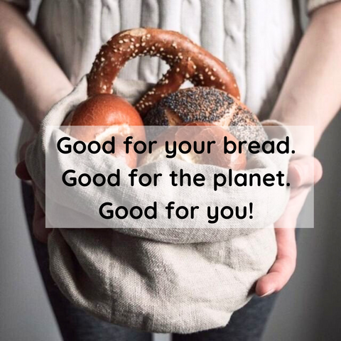 A woman holds a linen boule bag filled with homemade pretzels and rolls. The text reads "Good for your bread. Good for the planet. Good for you."