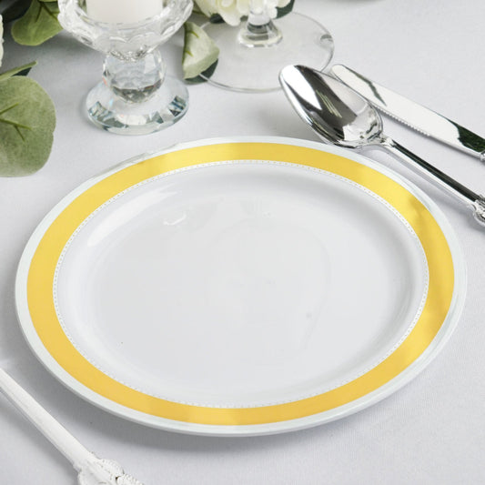 10 Pack  7 White / Gold Swirl Rim Disposable Salad Plates, Round